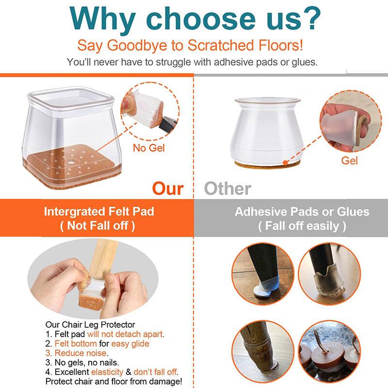 Chair Leg Protectors | Clear Silicone & Integrated Felt | Fits 0.75–2.2 in Legs | Silent Glide