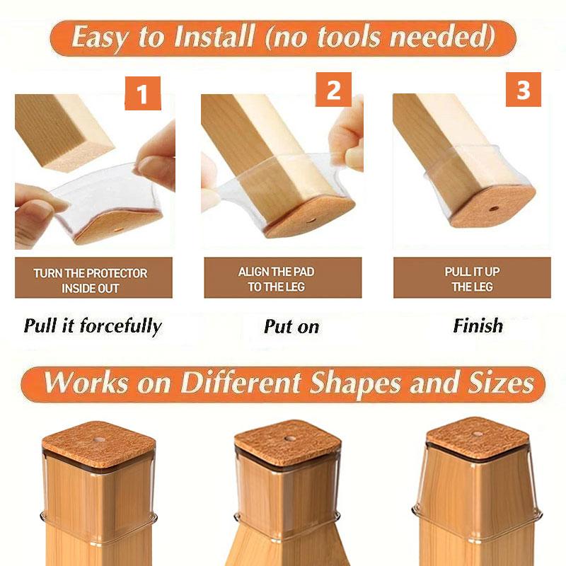 Chair Leg Protectors | Clear Silicone & Integrated Felt | Fits 0.75–2.2 in Legs | Silent Glide