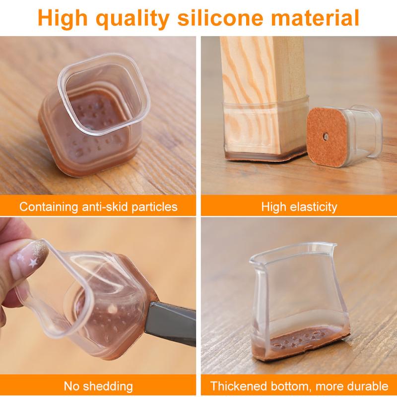 Chair Leg Protectors | Clear Silicone & Integrated Felt | Fits 0.75–2.2 in Legs | Silent Glide
