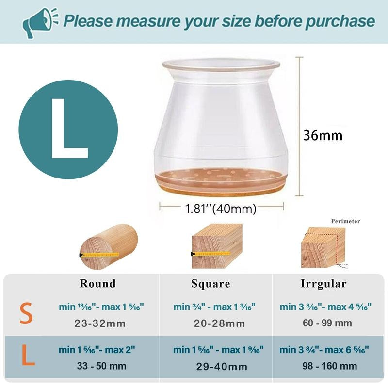 Chair Leg Protectors | Clear Silicone & Integrated Felt | Fits 0.75–2.2 in Legs | Silent Glide
