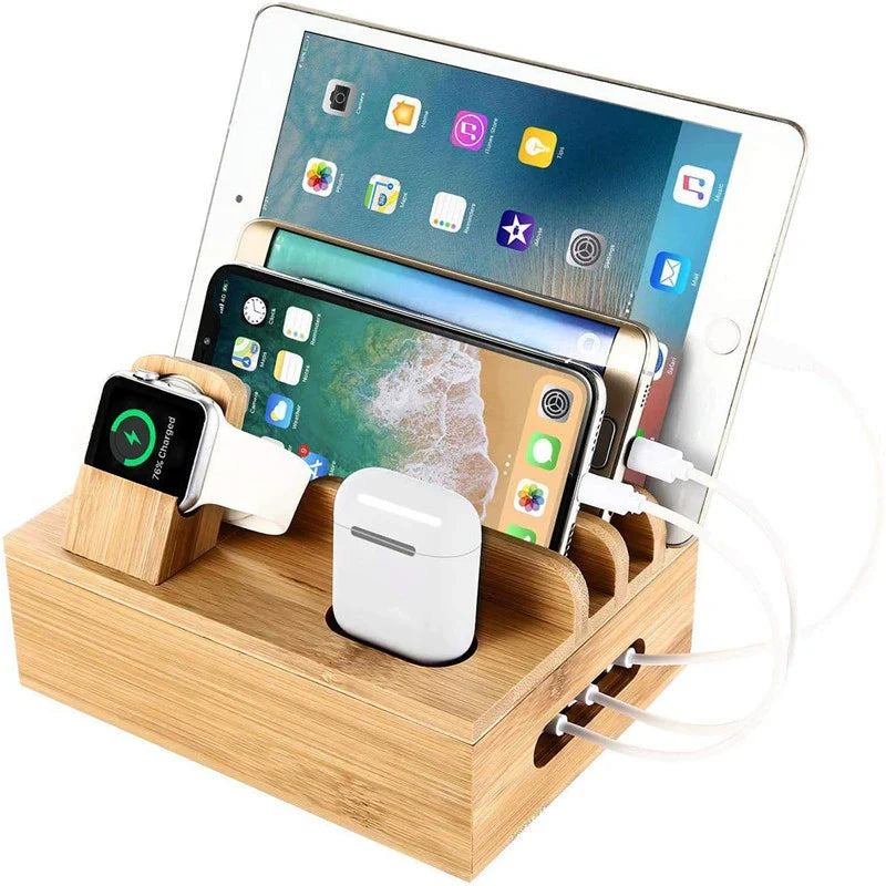 Charging Dock | Bamboo Organizer & Cable Management | 5-Port USB Charger