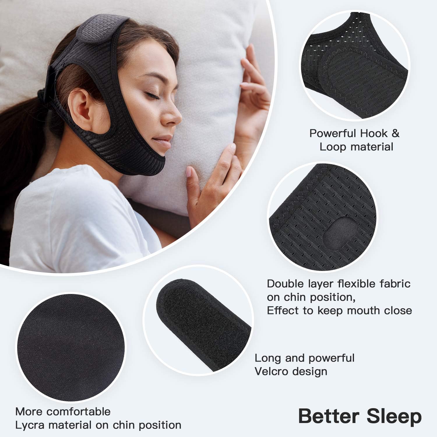 Chin Strap for Sleep Apnea | Breathable Double-Layer Fabric | 6.2 in Adjustable Velcro Strap