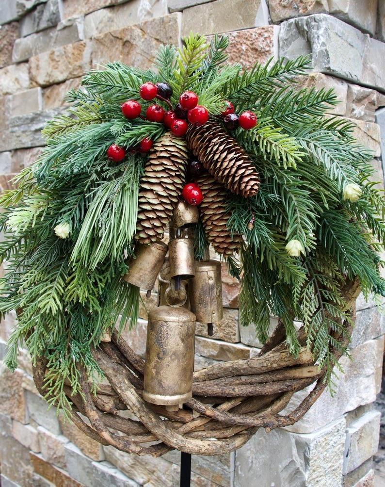 Christmas Wreath | Farmhouse Boho Vine Design | Pinecones, Berries & Bells | 17 in, Indoor/Outdoor
