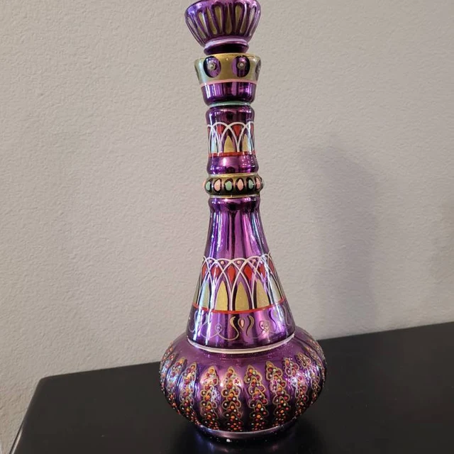 Decorative Genie Bottle | Purple Mirror Finish | Hand-Painted Glass | 10.5 in