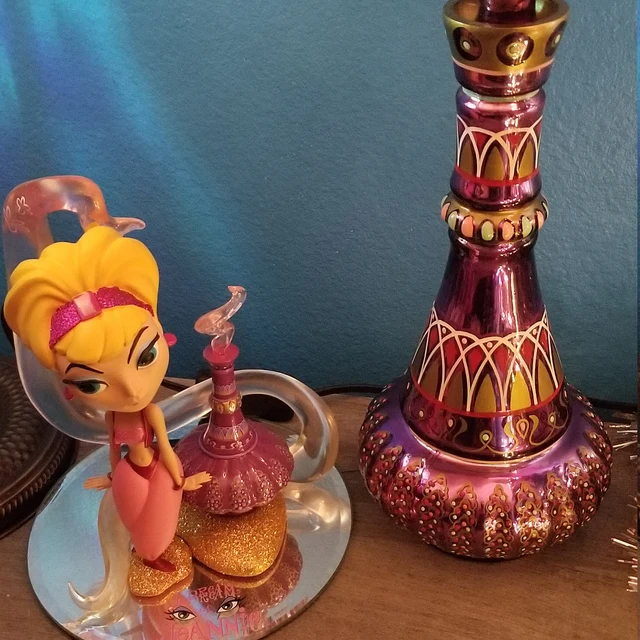 Decorative Genie Bottle | Purple Mirror Finish & Mulberry Accents | Hand-Cast Glass, 10.5 in