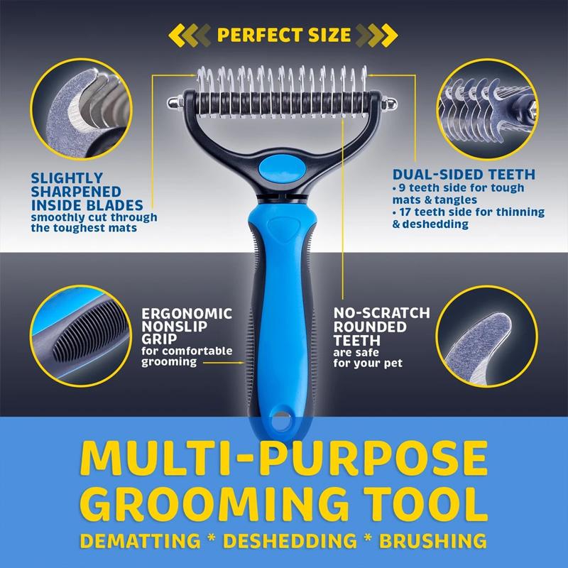 Dog & Cat Grooming Brush | Deshedding & Dematting Tool | Stainless Steel Blade | Gentle on Skin