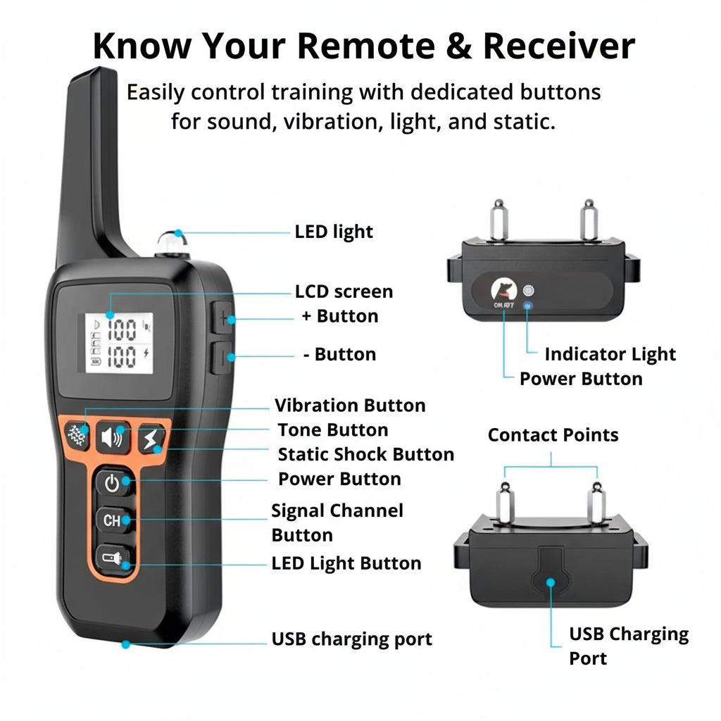 Dog Training Collar | 1000m Remote Range | Adjustable Reflective Nylon | Waterproof & Rechargeable