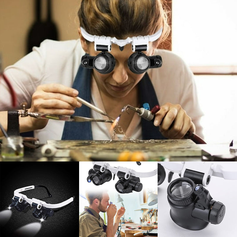 Dual-Eye Magnifying Glasses | Adjustable LED Lamps & Rotating Lenses | Up to 23x Magnification