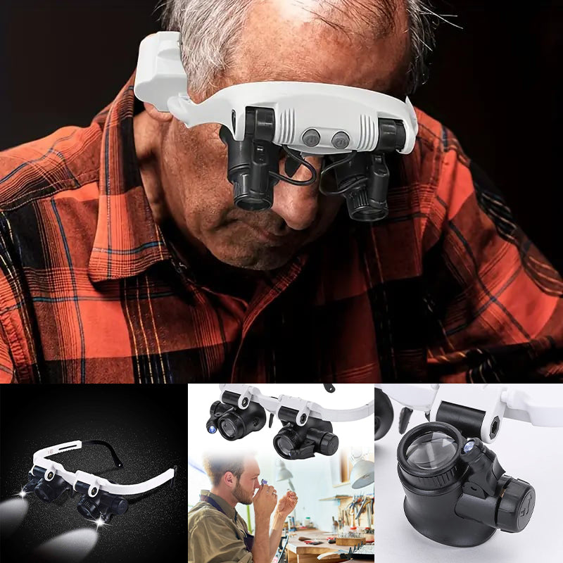 Dual-Eye Magnifying Glasses | Adjustable LED Lamps & Rotating Lenses | Up to 23x Magnification