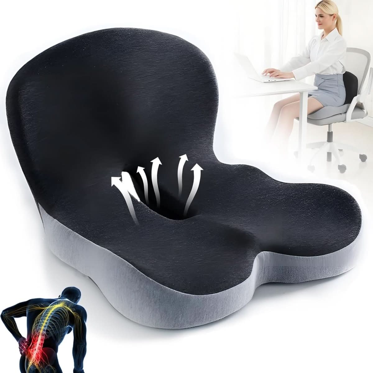 Ergonomic Seat Cushion | Contoured Memory Foam Lumbar Support | Non-Slip Base & Breathable Cover