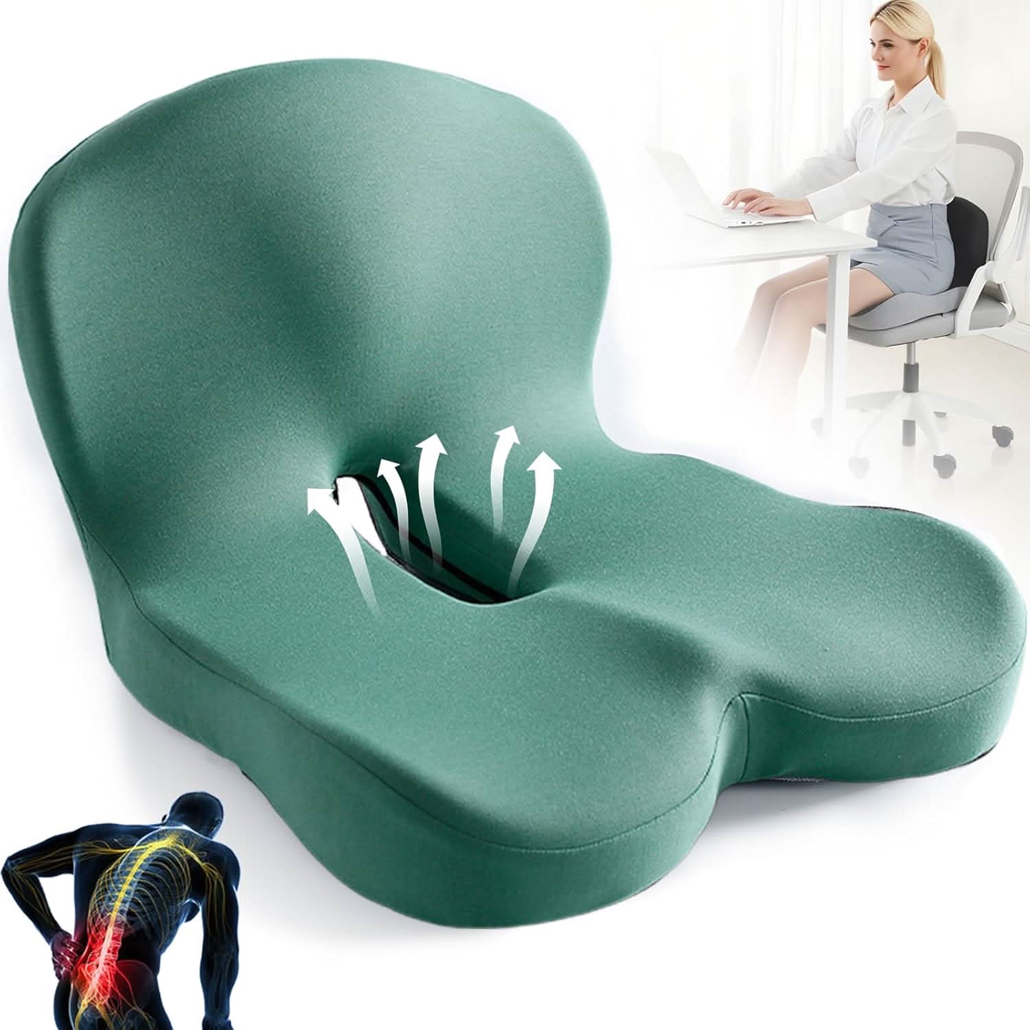 Ergonomic Seat Cushion | Contoured Memory Foam Lumbar Support | Non-Slip Base & Breathable Cover