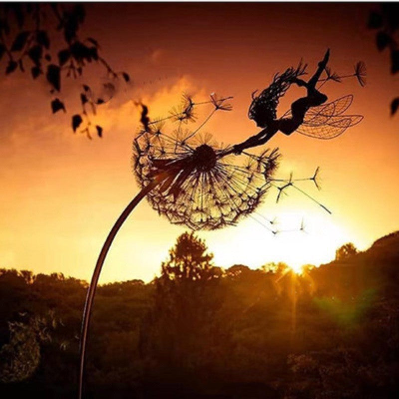 Fairy Garden Stake | Dancing Fairy Wind Spinner | Metal Dandelion & 31.5 in Stake
