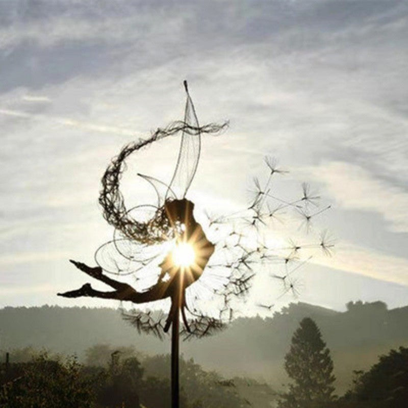 Fairy Garden Stake | Dancing Wind Spinner | Metal Dandelion & 31.5 in Stake | Whimsical Accent