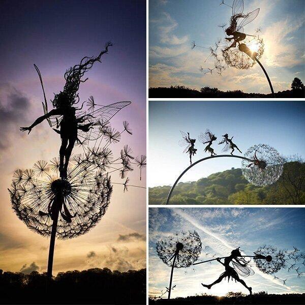 Fairy Garden Stake | Dancing Wind Spinner | Metal Dandelion & 31.5 in Stake | Whimsical Accent