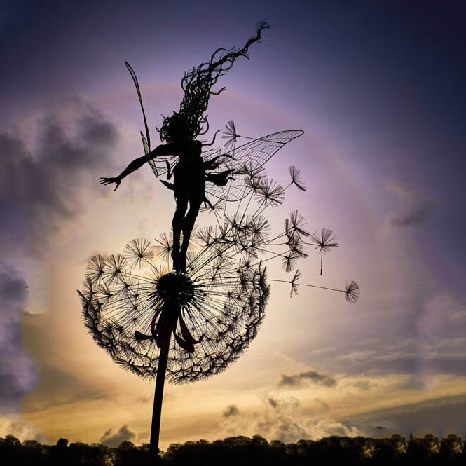 Fairy Garden Stake | Dancing Wind Spinner | Metal Dandelion & 31.5 in Stake | Whimsical Accent