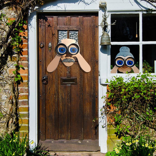 Fence Decoration | Nosy Couple Figurines | Handmade Pinewood & 11.8 in W | Weatherproof Finish