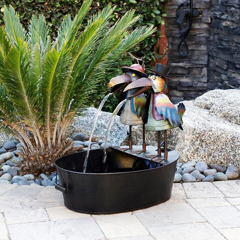 Garden Fountain | Art Deco Resin | Animal Figurine Basin & Metal Accents | Indoor/Outdoor Decor