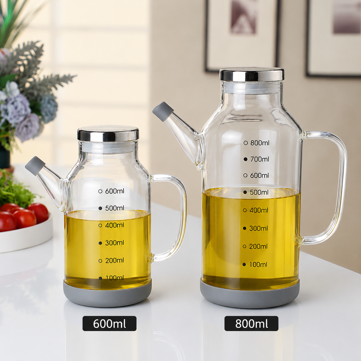 Glass Oil Dispenser Bottle | Measuring Scale Pour Spout | Leak-Proof Lid