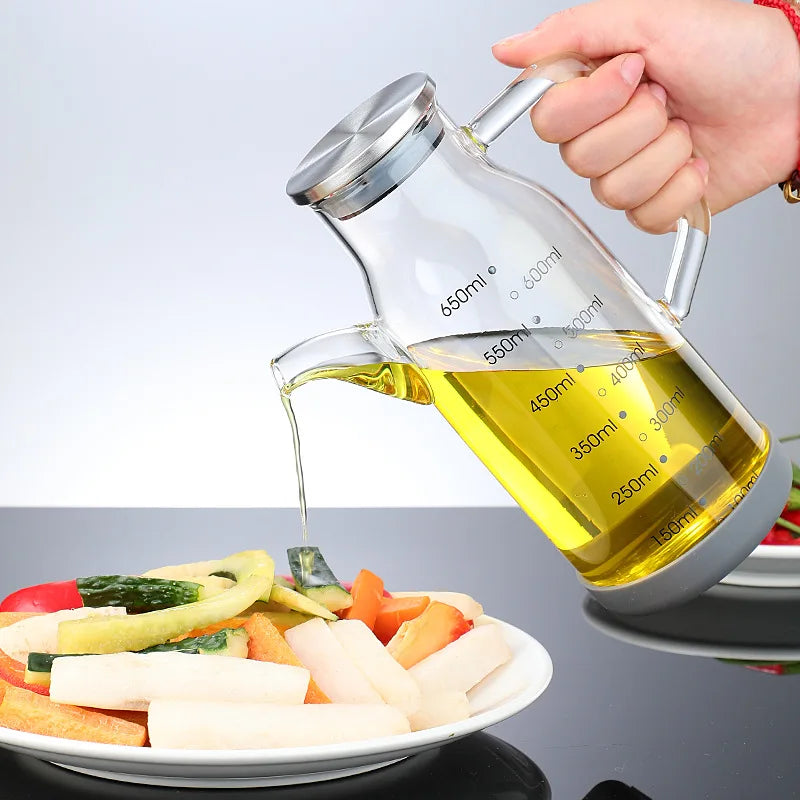 Glass Oil Dispenser Bottle | Measuring Scale Pour Spout | Leak-Proof Lid