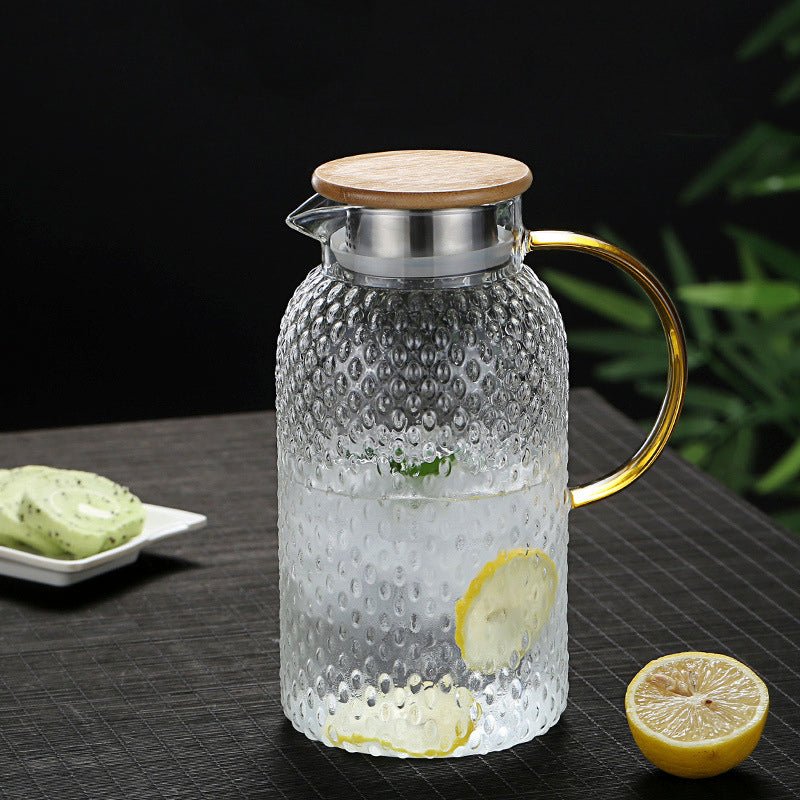 Glass Pitcher | Heat-Resistant Dimpled Design | Bamboo Lid & Strainer Spout | Hot & Cold Drinks