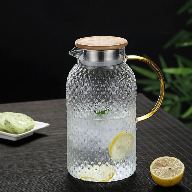 Glass Pitcher | Heat-Resistant Textured Glass | Bamboo Lid with Dual Pour | For Hot & Cold Drinks