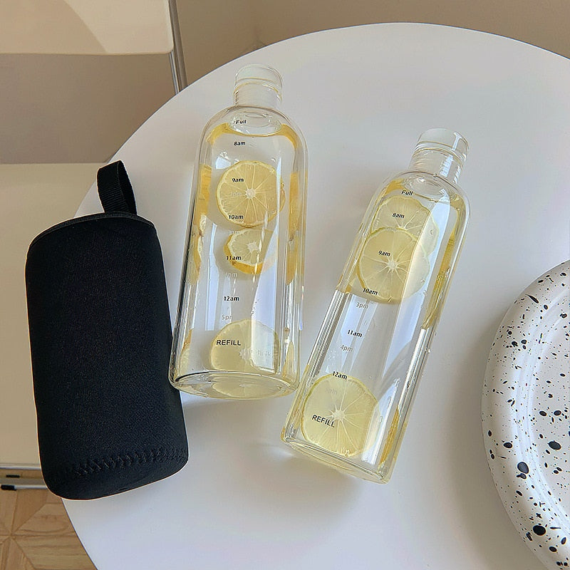 Glass Water Bottle | Time Scale Design | Temperature-Regulating | Leak-Proof Lid