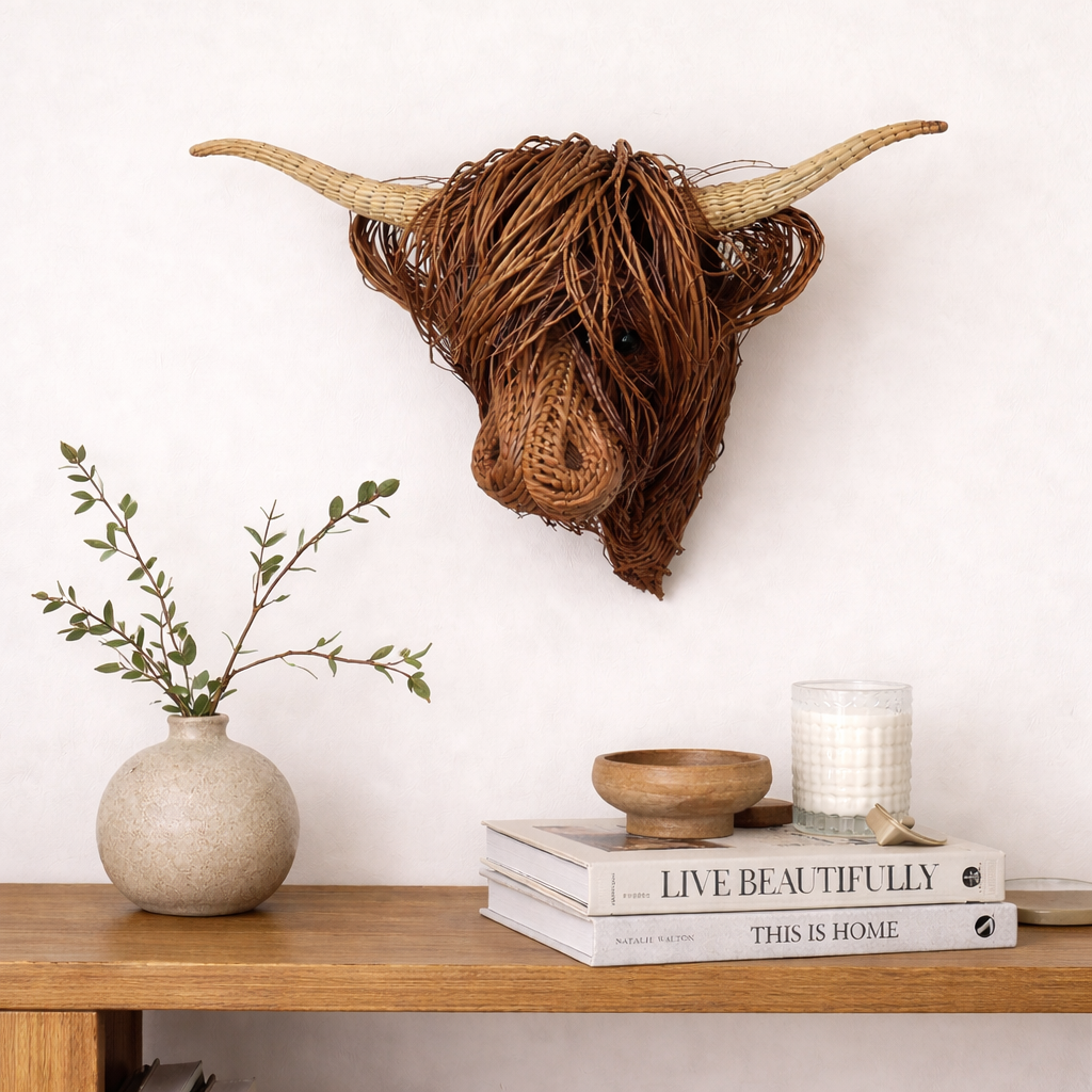 Highland Cow Wall Sculpture | Woven Willow Design | Resin Accents & Curved Horns | Indoor Decor