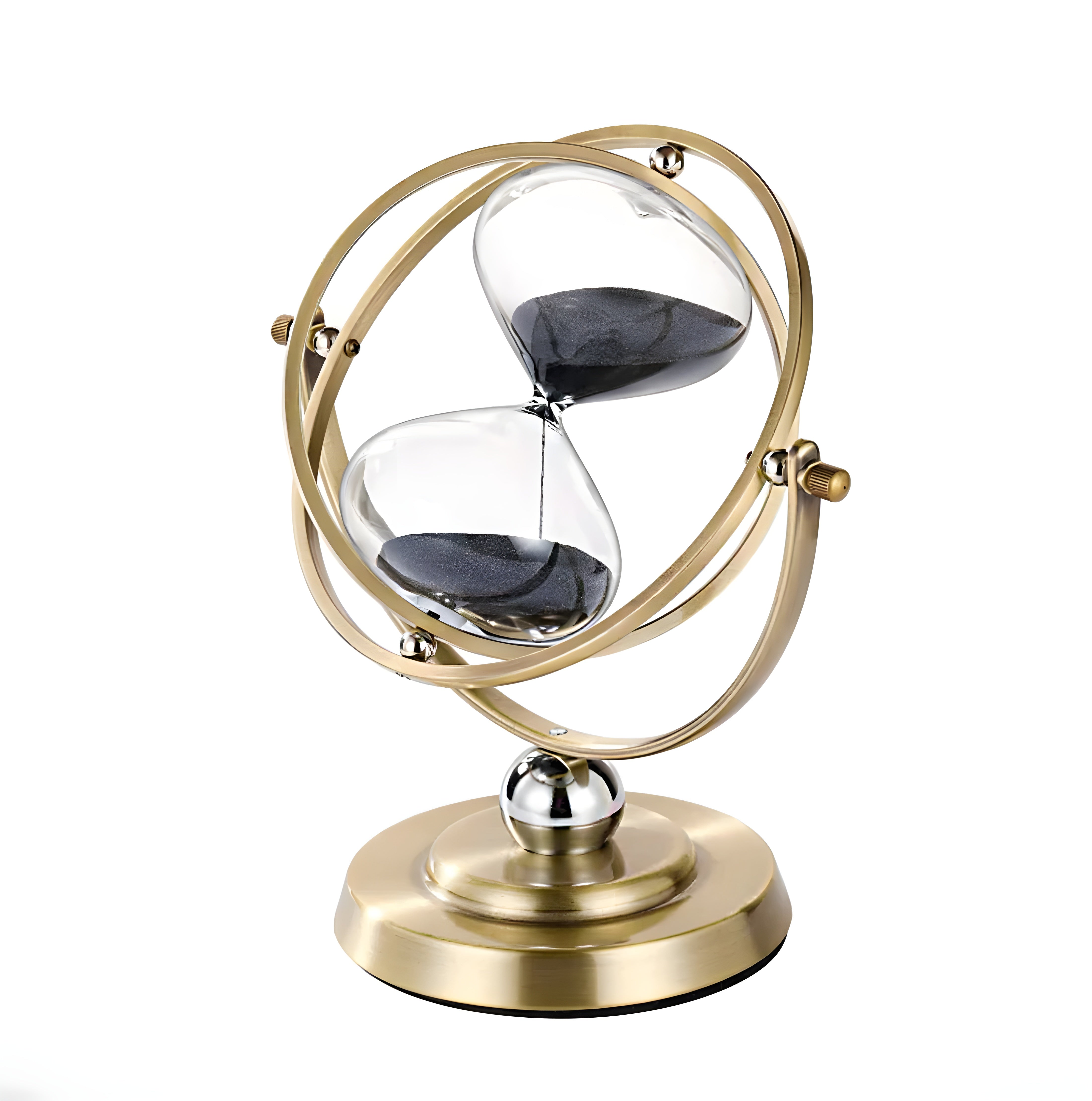 Hourglass Timer | Elegant Gold Brass Frame | Fine Glass & Black or White Sand | Office & Home Decor