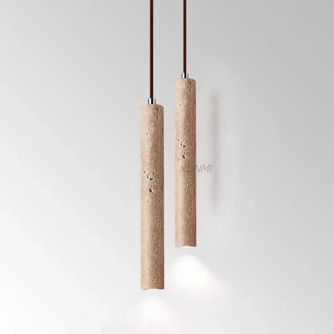 Indoor LED Chandelier | Minimalist Wabi-Sabi Design | Travertine Finish | Warm Ambient Light