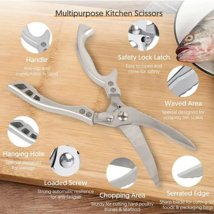 Kitchen Shears | Heavy-Duty Stainless Steel Blades | Built-In Fish Scaler & Safety Lock