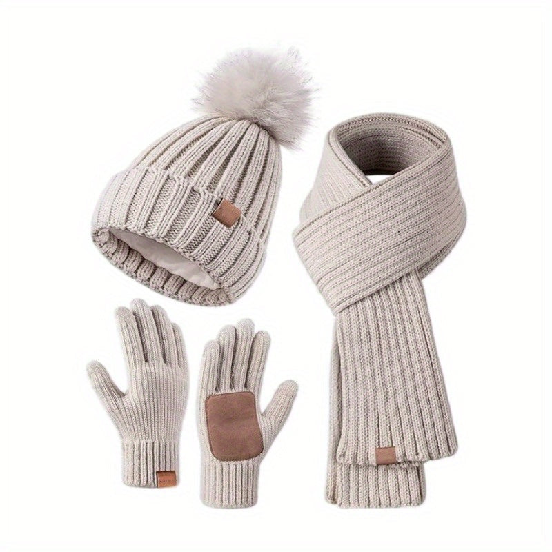Knitted Winter Hat, Scarf & Gloves Set | Touchscreen-Compatible Gloves | Soft Plush Knit