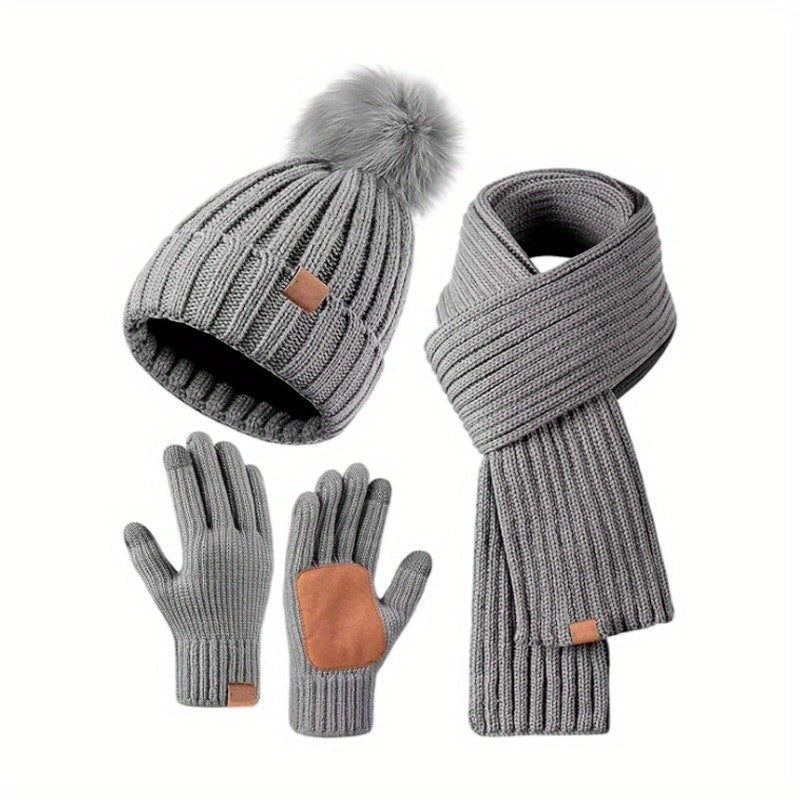 Knitted Winter Hat, Scarf & Gloves Set | Touchscreen-Compatible Gloves | Soft Plush Knit