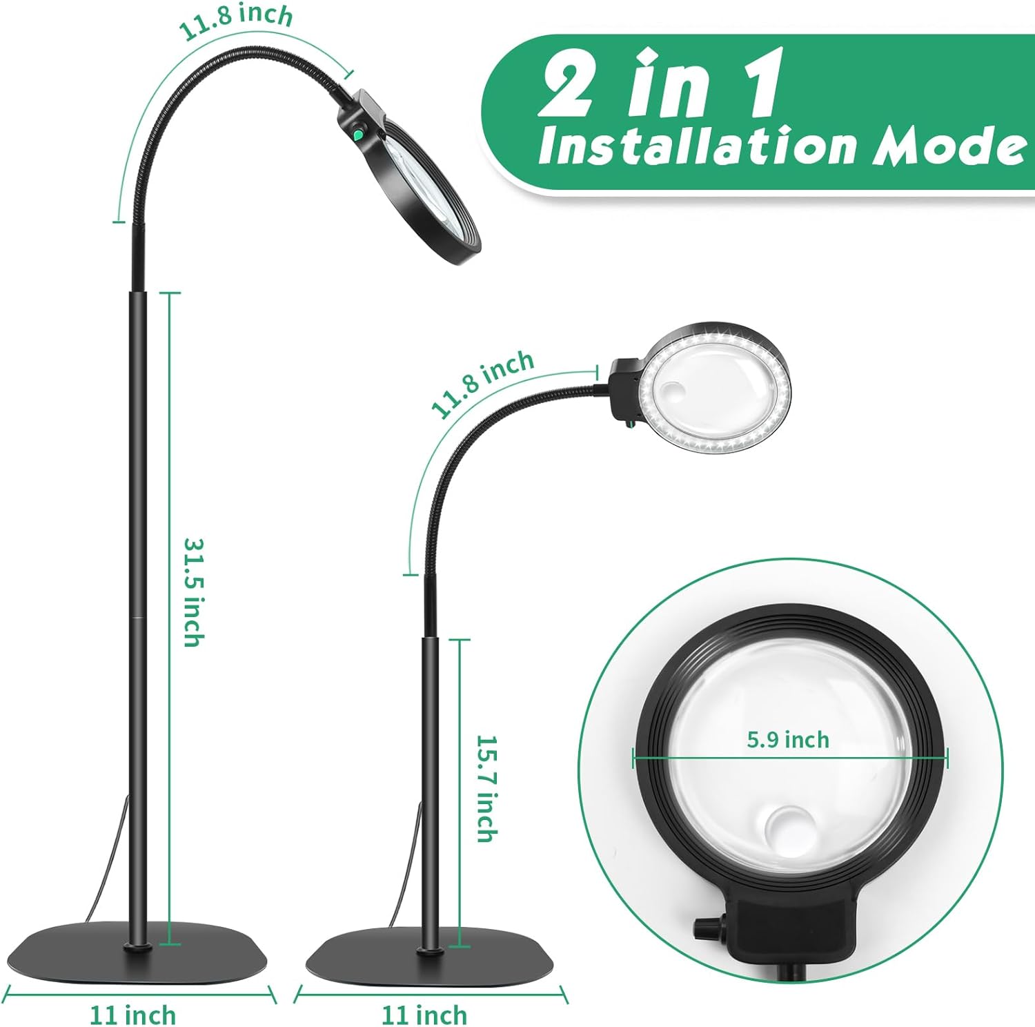 Magnifying Lamp for Reading | Dual Magnification | Metal Base & Gooseneck | Eye-Strain Relief