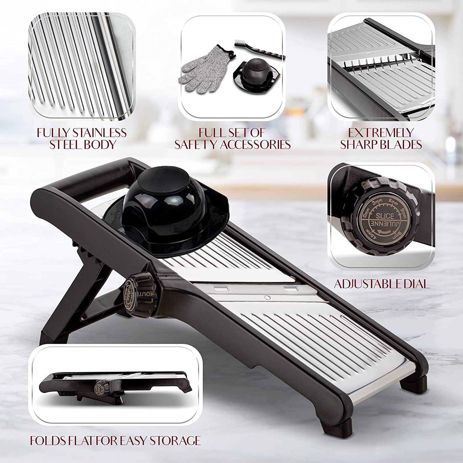 Mandoline Slicer | Adjustable Thickness & Stainless Steel Blade | Cut-Resistant Gloves