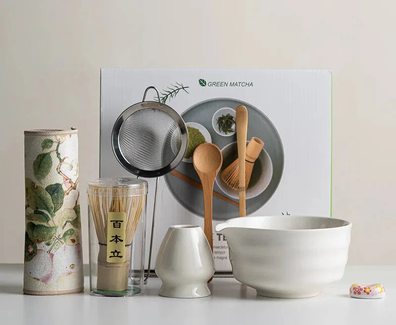 Matcha Tea Set | Sakura Floral Design | 8-Piece Ceramic Bowl & Bamboo Whisk