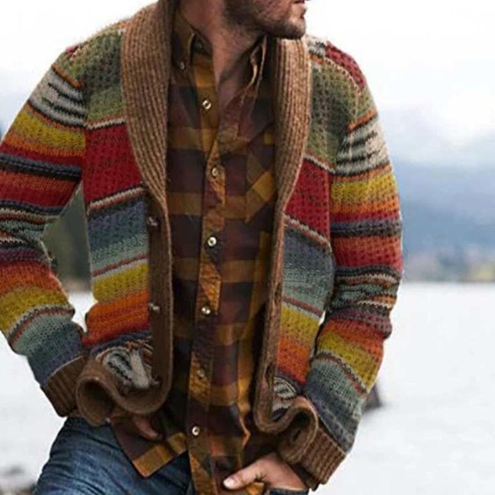 Men's Knit Cardigan | Striped Shawl Collar | Relaxed Fit & Open Front | Versatile Layering
