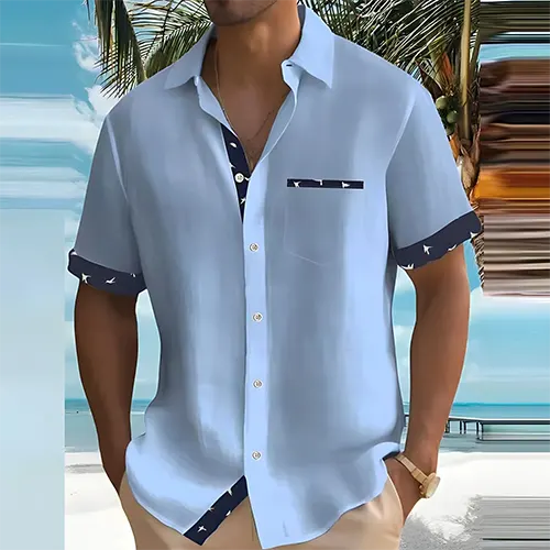 Men's Short-Sleeve Button-Up Shirt | Breathable Lightweight | Contrast-Trim Pocket | Comfortable Fit