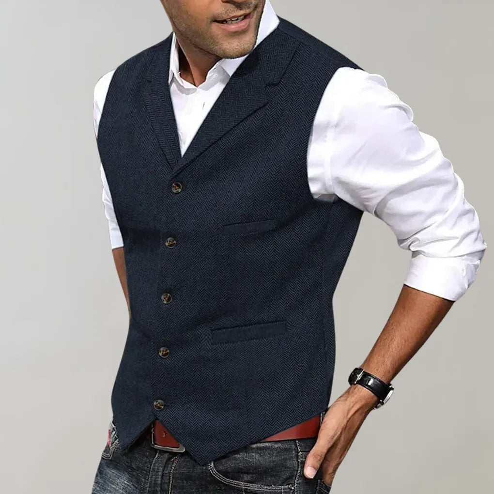Men's Tailored Vest | Herringbone Design | Wool-Blend Fabric | Adjustable Fit