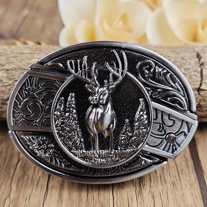 Men's Western Belt Buckle | Oval Bull Skull Design | Concealed Pocket Knife | Everyday Carry