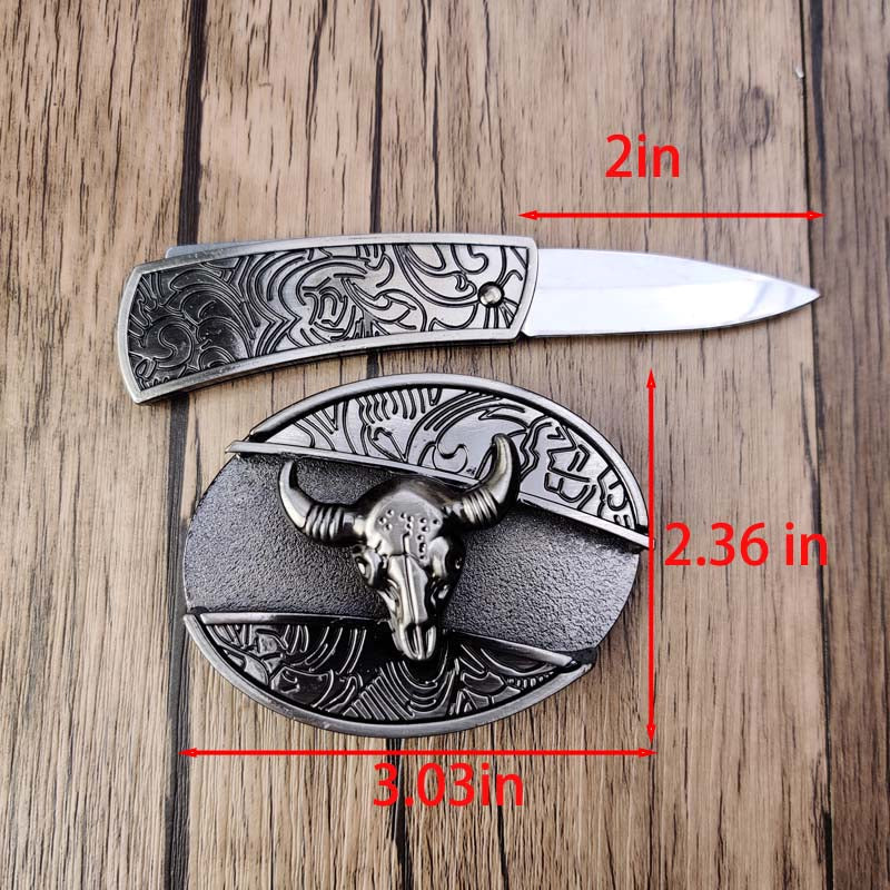 Men's Western Belt Buckle | Oval Bull Skull Design | Concealed Pocket Knife | Everyday Carry