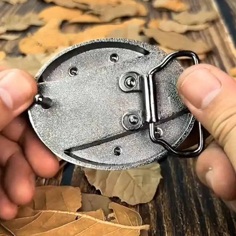 Men's Western Belt Buckle | Oval Bull Skull Design | Concealed Pocket Knife | Everyday Carry