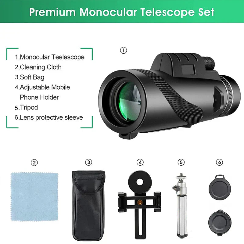 Monocular Telescope for Bird Watching | 80x Magnification | Smartphone Adapter & Tripod Included