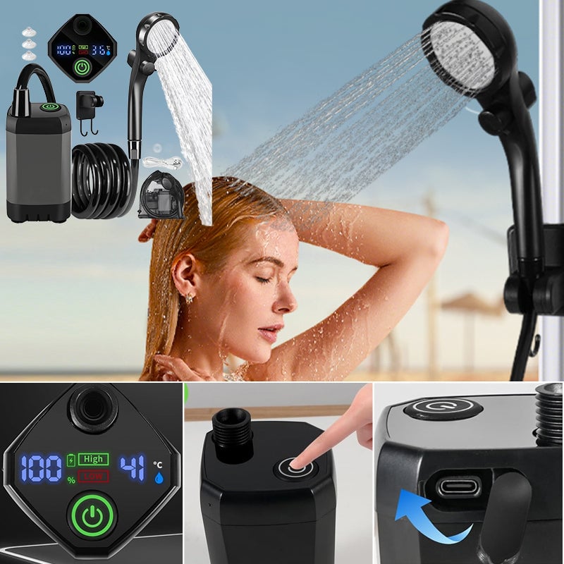 Outdoor Shower Pump | Portable Rechargeable with LED Display | Filtered Head & Adjustable Modes