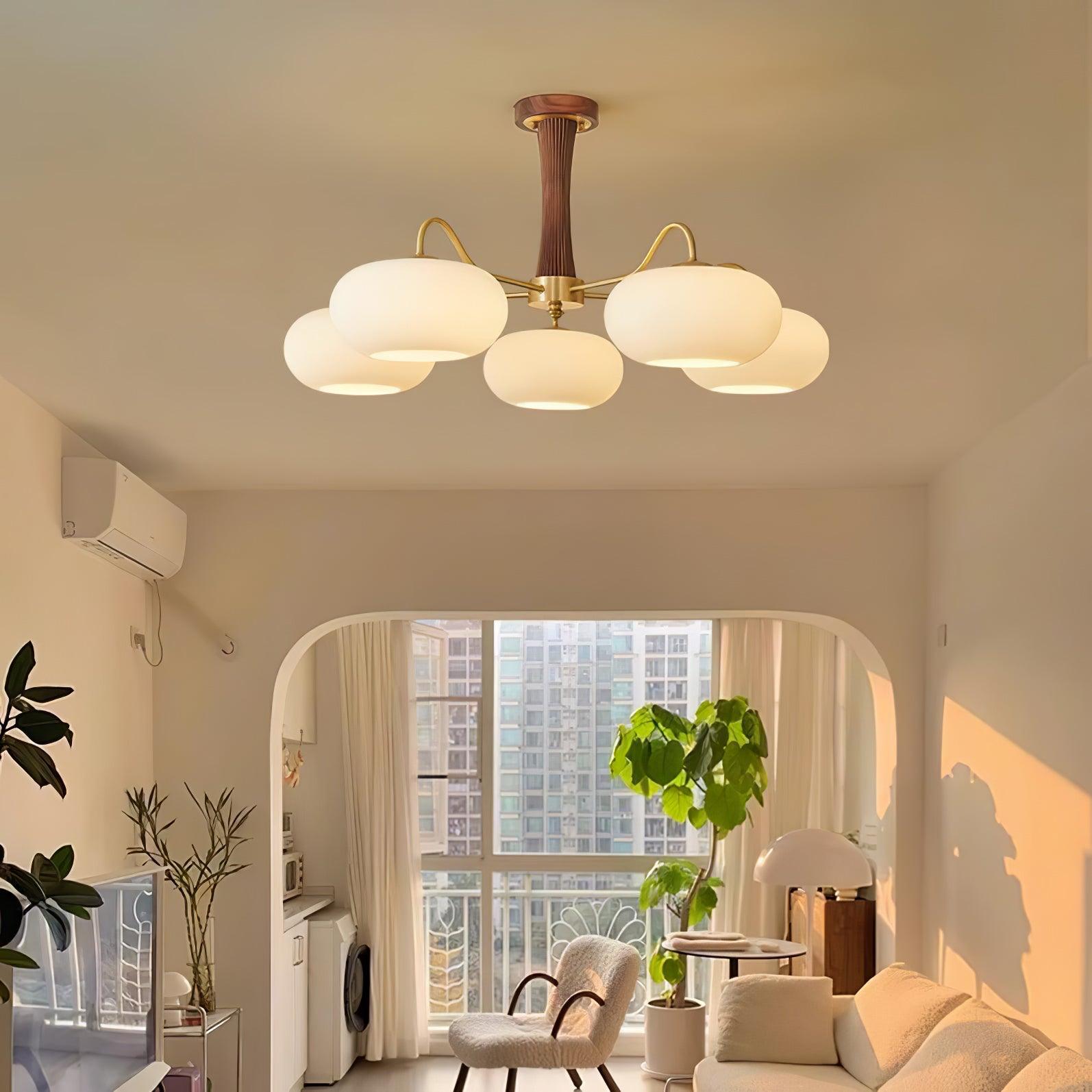 Pendant Lamp | Mid-Century Glass Shades & Wood Base | Adjustable Height | Cozy Ambiance