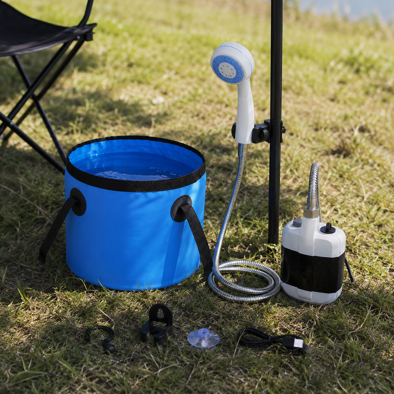 Portable Camping Shower | Rechargeable Cordless Pump | Hose & Shower Head | Travel Rinsing Kit