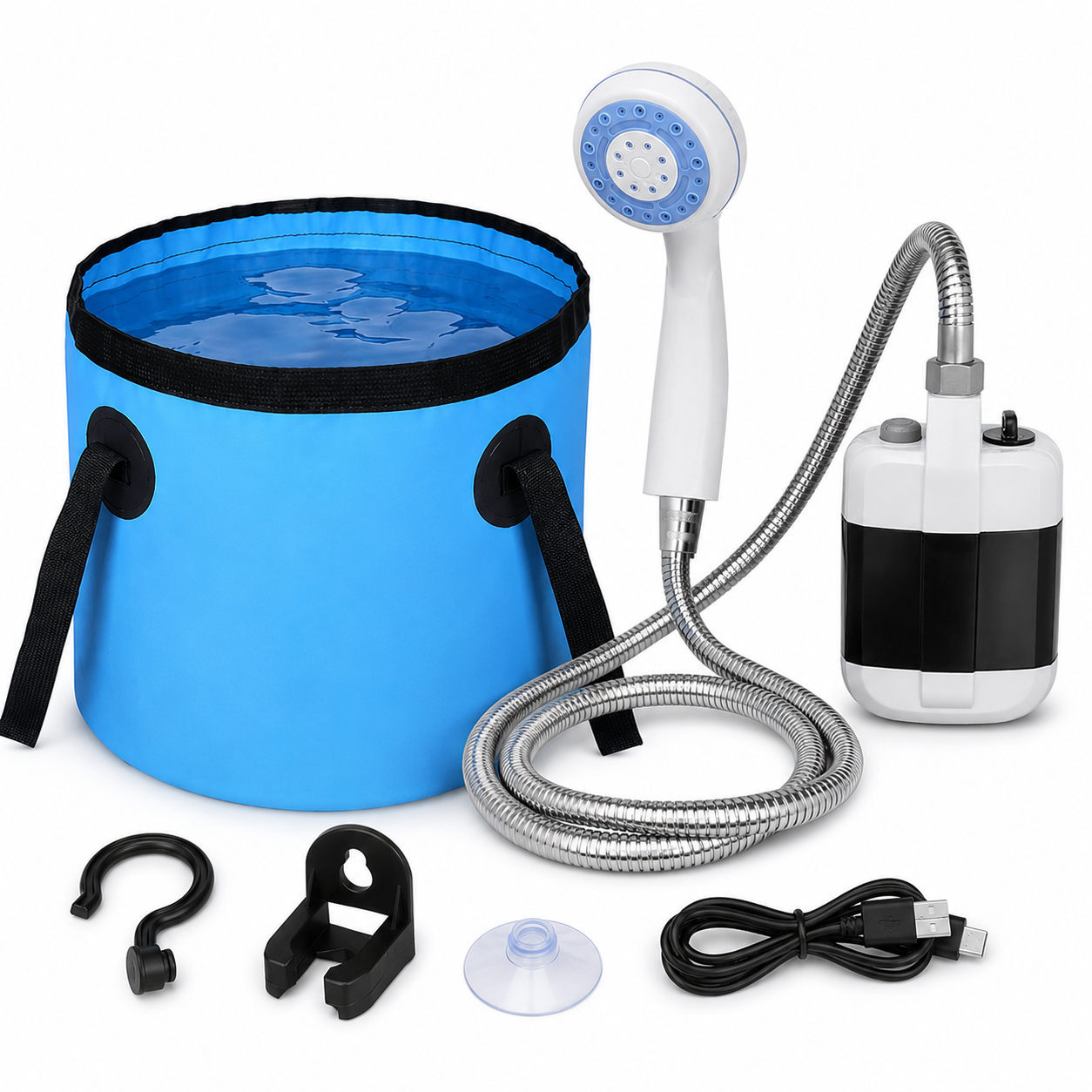 Portable Camping Shower | Rechargeable Cordless Pump | Hose & Shower Head | Travel Rinsing Kit