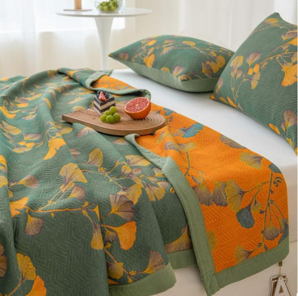 Reversible Quilt | Jacquard Ginkgo Pattern | Cotton, Soft & Cozy