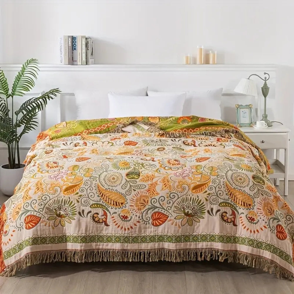 Reversible Throw Blanket | Boho with Fringes | Soft Breathable | Sofa & Bed Use