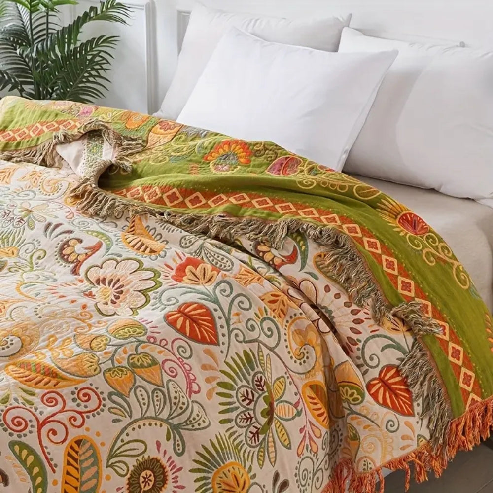Reversible Throw Blanket | Boho with Fringes | Soft Breathable | Sofa & Bed Use