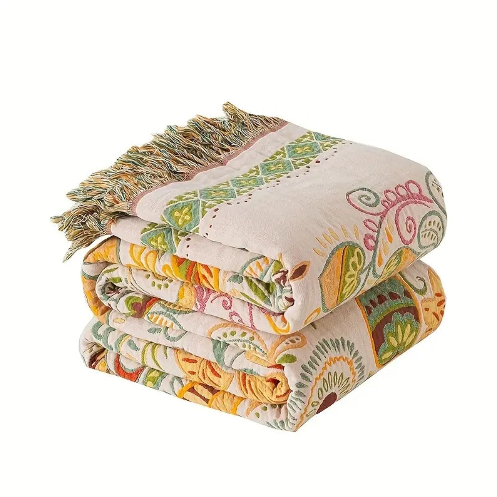 Reversible Throw Blanket | Boho with Fringes | Soft Breathable | Sofa & Bed Use